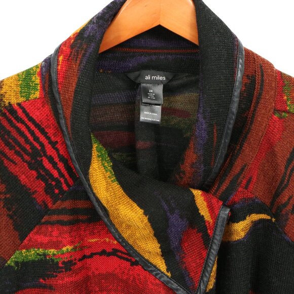 Ali Miles Southwestern Aztec Faux Leather Trim Cowl Neck Cardigan Sweater 2X - Picture 2 of 7